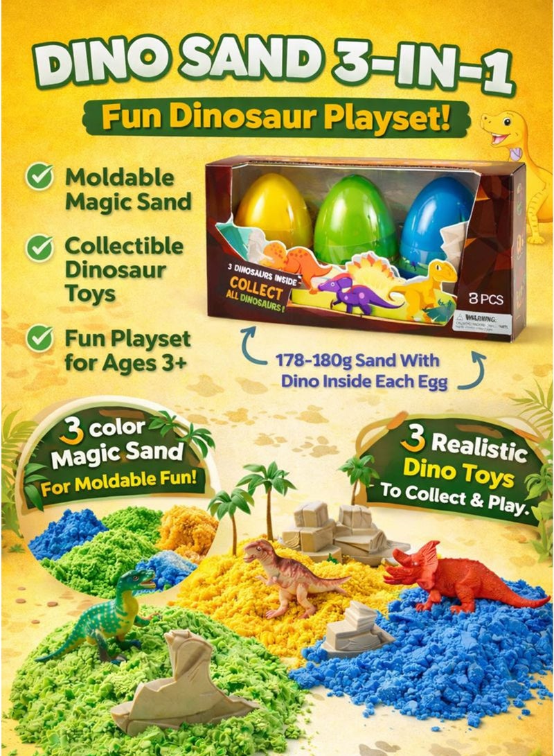 GreaTeam 3-in-1 Dino Sand Game Moving Sand Magic Kinetic Play Sand Sensory Toy Set for Kids Dinosaur Egg Pot Set x3 in Each Egg Pot Includes 1 Dinosaur Figure Inside Each Egg + 1 Decoration Card for Trees & Stones Soft Moldable Sand for Creative Play, Baby Fine Motor Skills & Hand-Eye Coordination Educational Learning Toy for Preschool & Kindergarten Indoor Activity, Screen-Free Playtime Gift for Boys & Girls Ages 3+ - Image 2